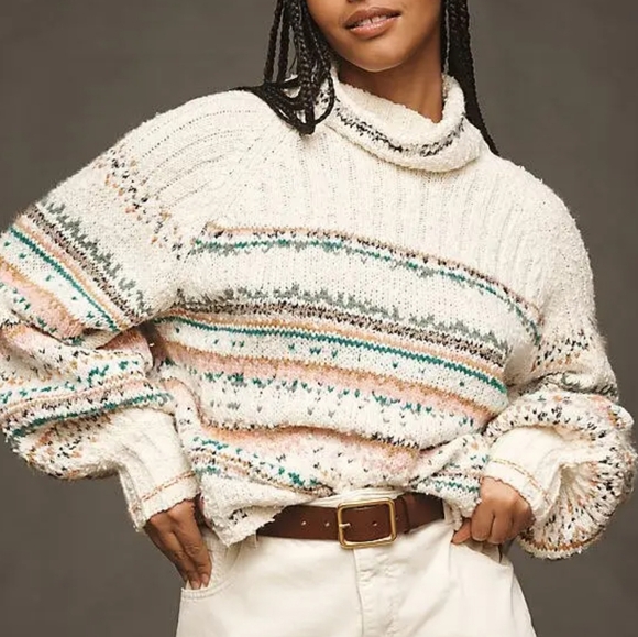 Pilcro Sweaters - Pilcro Cream Cowl-Neck Sweater with Teal and Peach Stripes